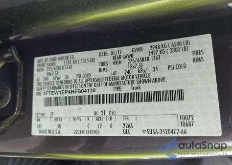 2017 Ford F-150 Xlt z USA, uszkodzony, nr VIN 1FTEW1EP4HFB04130